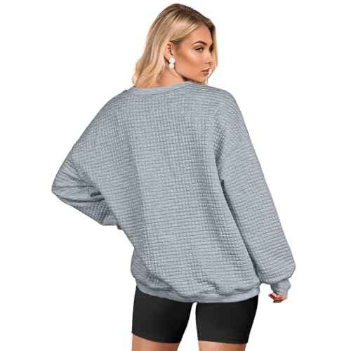 Womens Oversized Waffle Knit Sweatshirts Casual Long Sleeve Crewneck Pullover Tops