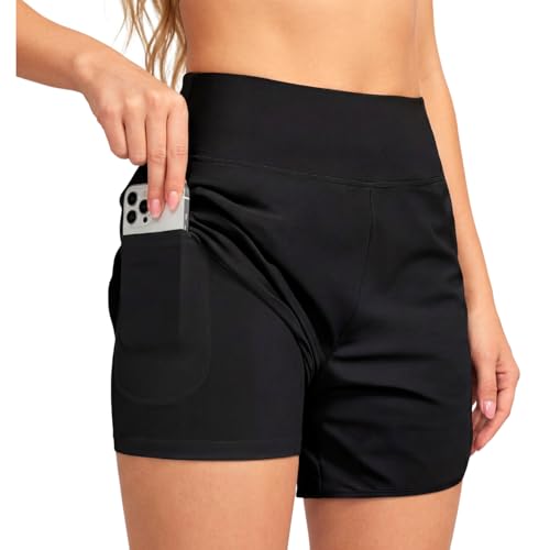 High Waisted Women's Swim Shorts - 5 Inch Inseam, Black, Medium