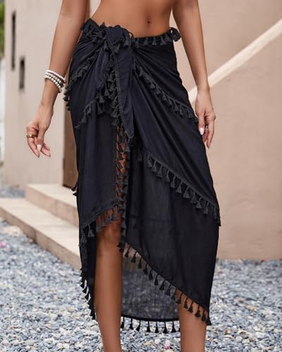 Eicolorte Black One Size Sarong Cover Up for Women Beach Bikini Swimsuit