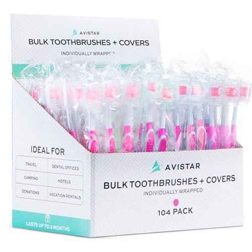 104 Pack Bulk Toothbrushes w/Cover Caps, Individually Wrapped Disposable Travel Toothbrush, Value Size, Long Lasting 3+ Months, Med-Soft Manual Teeth Brush Bristles - Pink