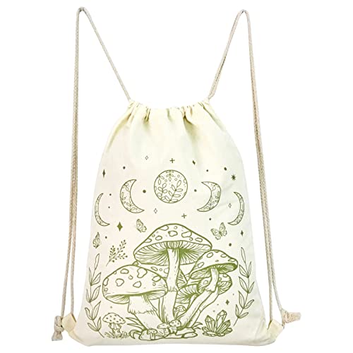 Mushroom Drawstring Backpack - Vintage Moon Aesthetic Canvas Bag - Cute