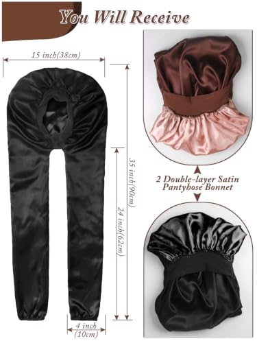 2pcs Satin Pantyhose Bonnet for Braids - Black & Coffee, Long Hair Sleep Cap