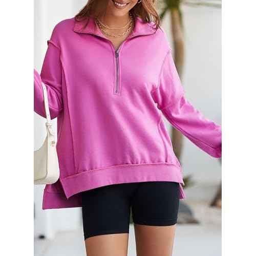 BLENCOT Womens Oversized Sweatshirt Half Zip Fleece Pullover Long Sleeve Fall Side Slit Tops