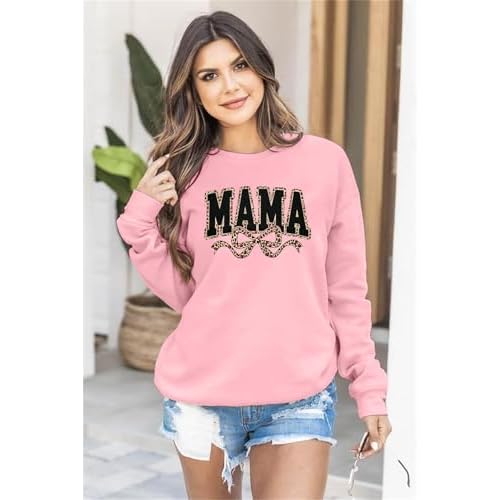 SFHFY Mama Crewneck Sweatshirt Women: Casual Mom Long Sleeve Shirt Bow Mama Letter Print Pullover Top