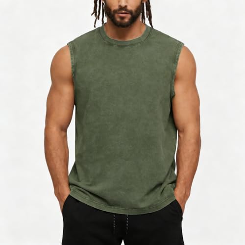 Men's Workout Tank Top Sleeveless Muscle Shirt - Acid Wash Cotton, Green, X-Large