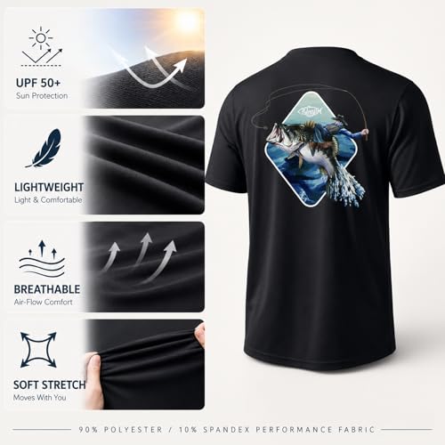 Men's Short Sleeve Fishing T-Shirt Sun Protection UV UPF 50+ - Medium Black Cowboy Rides Bass