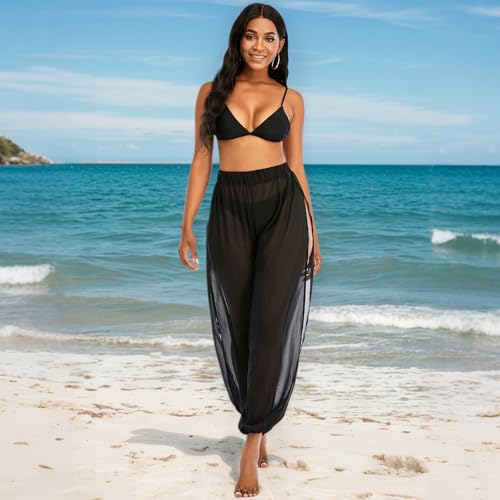 American Trends Sheer Beach Mesh Swimsuit Cover Up Harem Pants for Women High Slit See Through