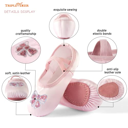 Triple Deer Ballet Shoes for Girls - Pink Bow, Toddler & Kids Satin Practice Slippers