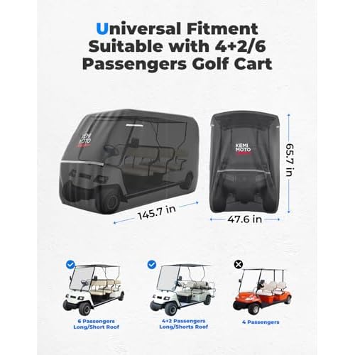 KEMIMOTO 600D Waterproof Golf Cart Cover, Universal Heavy Duty Large 6-Seater Golf Cart Rain Cover with Storage Bag Compatible with EZGO Club Car 6/4+2 Passenger, Black