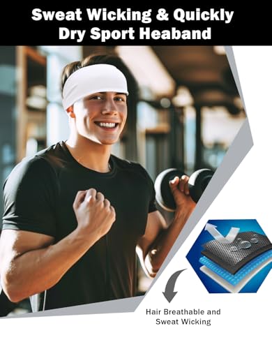 White 6 Pack Sports Headbands for Men & Women, Sweat-Wicking Workout Hairbands