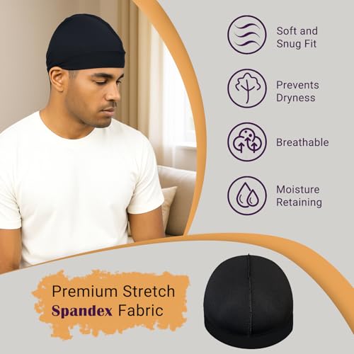 Adjustable Wave Cap for Men Black+Black - Elastic Stocking Cap for 360/540/720 Waves