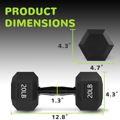 Fitvids Rubber Encased Exercise & Fitness Hex Dumbbell, Hand Weights with Anti-Slip Metal Handle for Home Gym, Multiple Sizes