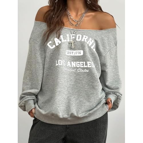 SOLY HUX Women's Off The Shoulder Sweatshirts Oversized Streetwear Long Sleeve Graphic Pullover Tops