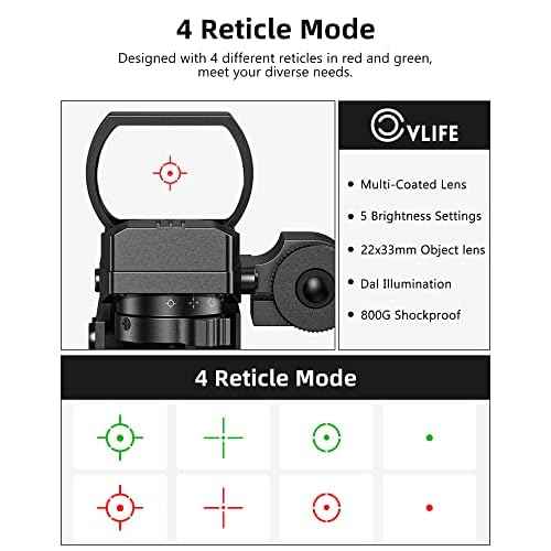 CVLIFE 1X22X33 Reflex Sight Red Dot Sight Red Green 4 Reticle Optics with Green Laser and Pressure Pad Switch for 20mm Rail