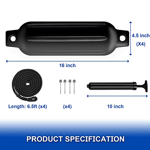 Black 4.5-Inch Boat Fenders 4 Pack with Ribs Twin Eyes Marine Bumpers with Ropes, Needles & Pump