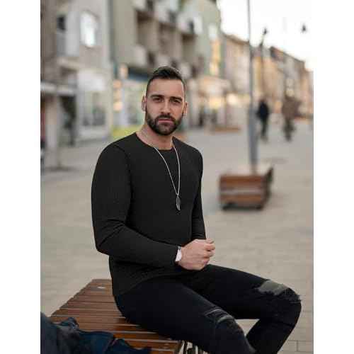 Ekouaer Men's Long Sleeve Shirts Ribbed Pullover Sweater Sim Fit Thermal Tops Crew Neck Stretchy Undershirts
