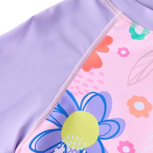 Girls Long Sleeve Rash Guard One‑Piece Bathing Suit - Pink Sunflower, 6 Years