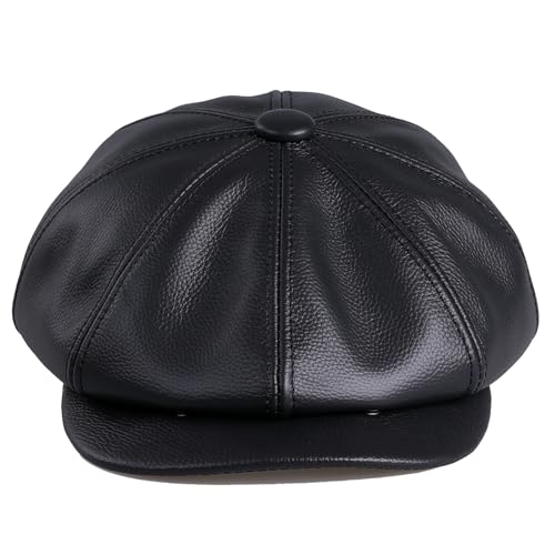 Men's Newsboy Flat Cap - Genuine Cowhide Leather Gatsby Ivy Golf Cabbie Hat XX-Large Black