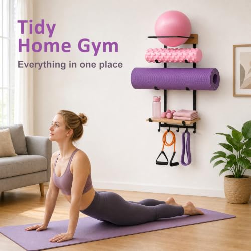 Yoga Mat & Ball Wall Mount Organizer with Adjustable Pine Shelf and Hooks