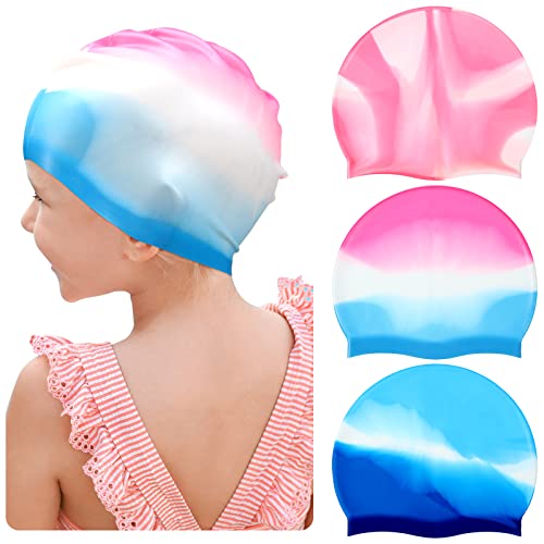 Kids Silicone Swim Cap Long Hair Large Mixed Colors / Tie-Dye (3 Pack) - 4-16 Years