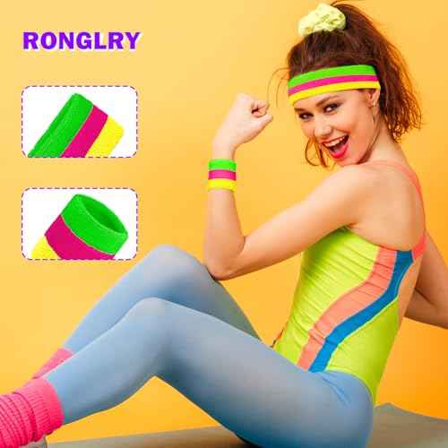Ronglry 80s Neon Sweatbands Set 80s 90s Outfits for Women Sports Wristband and Headband Neon Sweat Band 80 s Accessories for Women Sweatband for Glow Party Supplies Halloween Costume