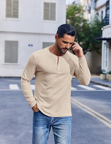 Men's Henley Shirt Long Sleeve Casual T-Shirt - Large Light Khaki