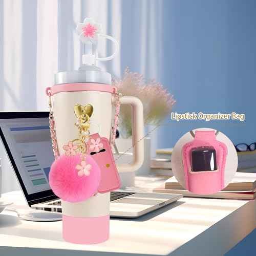 Velaco 11 PCS Accessories for Stanley Cup, Water Bottle Handle Strap for Stanley 30/40 oz tumbler with handle, including Straw Toppers, Silicone Cup Boot, Keychain Charms - PINK