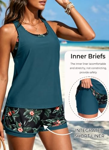 X-Large Teal and Floral 3 Piece Tankini Swimsuit Set - Athletic Bathing Suit with Boyshorts