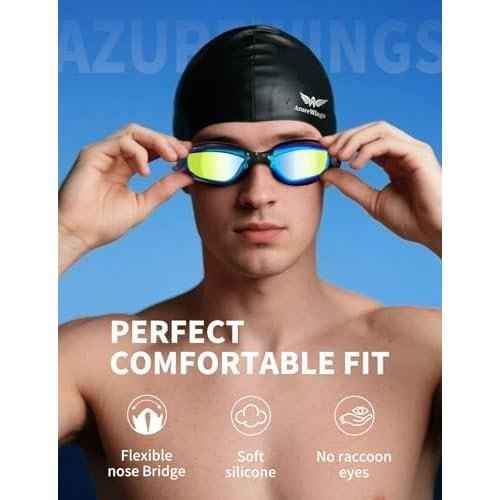 7 in 1 Swim Goggles + Swim Cap for Men Women,No Leak Anti-Fog & UV, Wide Visio HD Mirror PC Lens