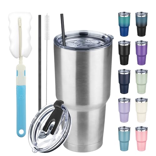 30 oz Stainless Steel Insulated Travel Mug with Lid & Straw - Silver