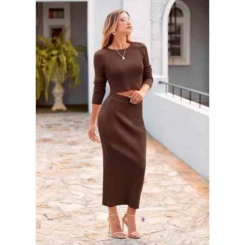 PRETTYGARDEN Women's Spring Fall 2 Piece Sweater Set Rib Knit Long Sleeve Crop Top Maxi Bodycon Skirt Casual Winter Outfits