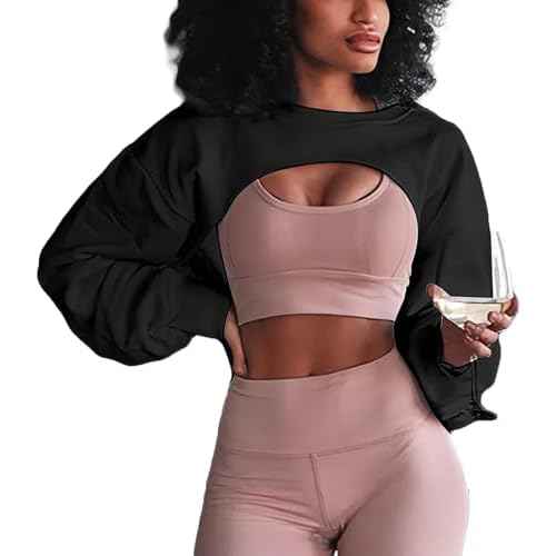 LovelyWholesale Women Crewneck Long Sleeve Crop Top Workout Gym Casual Cut out Loose Cropped Sweatshirt