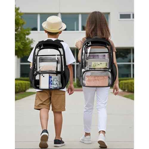 Clear Backpack, Fabric & PVC Transparent Backpack with Reinforced Strap for Women Men, Heavy Duty Transparent Bookbag, Large Capacity Clear Bag, Travel, Security, Black