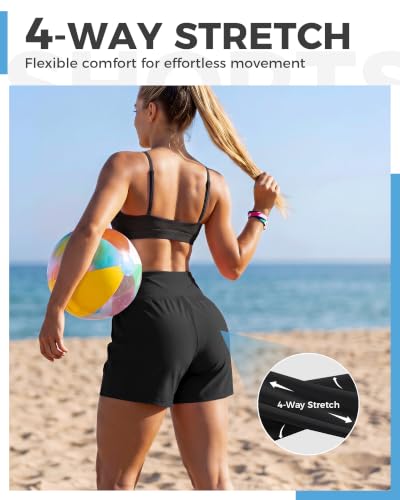 Women Swim Shorts 5 Inch High Waist Quick Dry Beach Bathing Suit - Black, Large