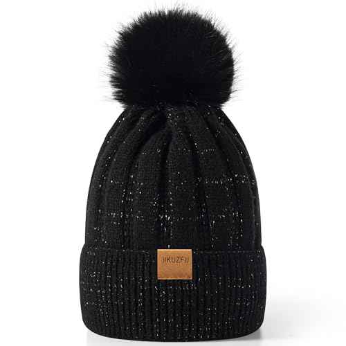 Womens Winter Beanie Hat with Faux Fur Pom Pom,Soft Warm Fleece Lined Knit Beanie for Cold Weather