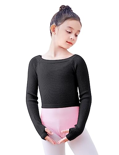 Girls Long Sleeve Dance Sweater - Black 8-9 Years Warm Ballet Warm-Up Pullover