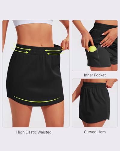 Black Women's Athletic Skirt with Pockets - High Waist Tennis Skort for Workout