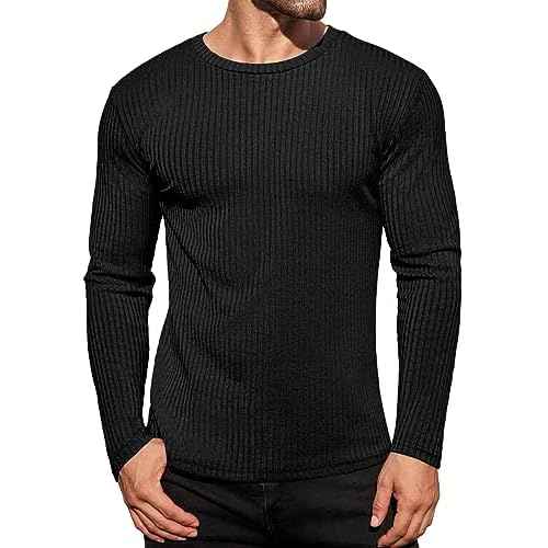 Ekouaer Men's Long Sleeve Shirts Ribbed Pullover Sweater Sim Fit Thermal Tops Crew Neck Stretchy Undershirts