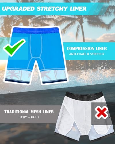 Boys Swim Trunks with Compression Liner Quick Dry Beach Swimwear - Blue Coconut Tree 10-12 Years