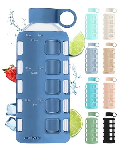 22oz Borosilicate Glass Water Bottle with Time & Volume Markers, Silicone Sleeve, Stainless Steel Lid – Chinese Porcelain Variation