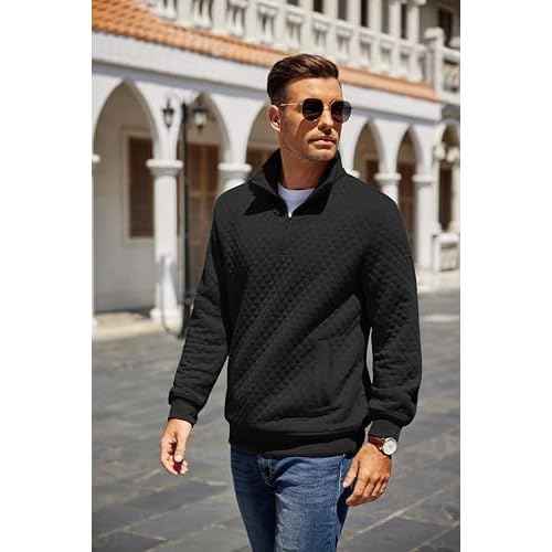 COOFANDY Mens Quarter Zip Pullover Quilted Sweatshirt Knit Long Sleeve Mock Neck Sweater Polo with Pocket