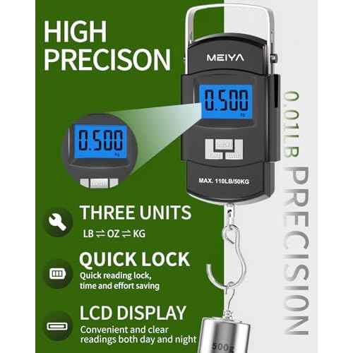 MEIYA Fish Scale 110lb/50kg Digital Fishing Scale with Backlit LCD, Portable Handle, Stainless Steel Hook & 2 AAA Batteries ? Reliable Fishing Gear & Great Fishing Gifts for Men