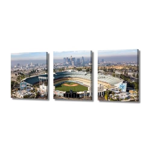 Los Angeles California Panoramic Skyline Cityscape Aerial over Dodger Stadium Painting for Living Room Decor HD Prints on Canvas Giclee Artwork Framed 3 Panels Ready to Hang, 36" Wx16 H