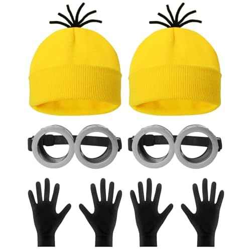 6 Pcs Halloween Costume Accessories for Adult,Yellow Beanie/Goggles Glasses/Gloves for Men Women Cosplay Party Set