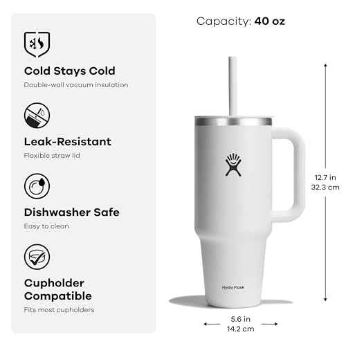 Hydro Flask Travel Tumbler with Handle, Lid and Straw - Insulated Stainless Steel in 40 Oz Agave