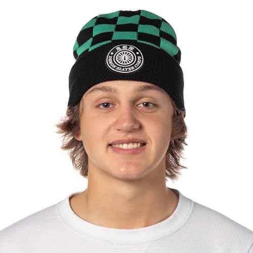 Demon Slayer Adult Tanjiro Embroidered Patch Knit Cuff Beanie Cap Hat for Men and Women Multicolored