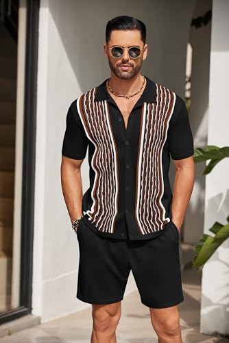 Men's 2 Piece Short Sleeve Polo Shirt and Beach Shorts Set - Black & Brown, Medium