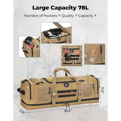 KEMIMOTO Hunting Duffle Bag, 78L large Capacity Travel Gear Bags Tool Range Cases for Long Distance Trips Hiking Hunting Fishing Camping, Multi Pocket Design, Brown Backpackable