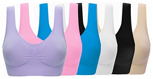 Women's Low-Impact Workout Sports Bras 6 Pack - Black White Beige Blue Pink Light Purple XX-Large