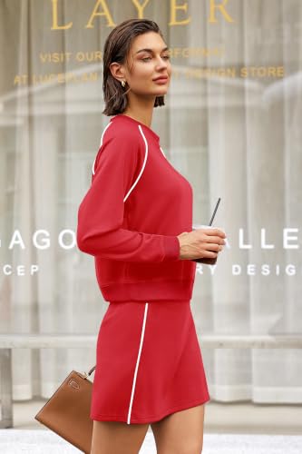 Women's 2 Piece Workout Skort Set - Athletic Tennis Outfits, Crewneck Sweatshirt & Skirt, Medium Red